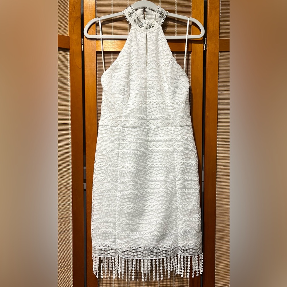 Nikibiki white jeweled collar dress with circle fringe, size M